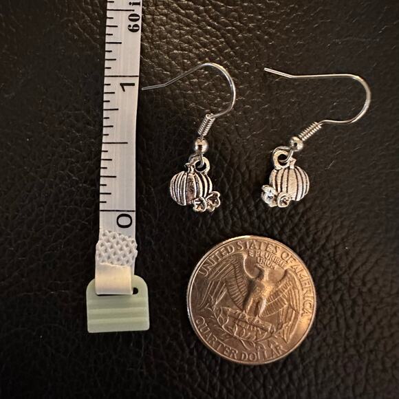 Dainty Silver Tone Pumpkin Fall Earrings - Picture 2 of 3